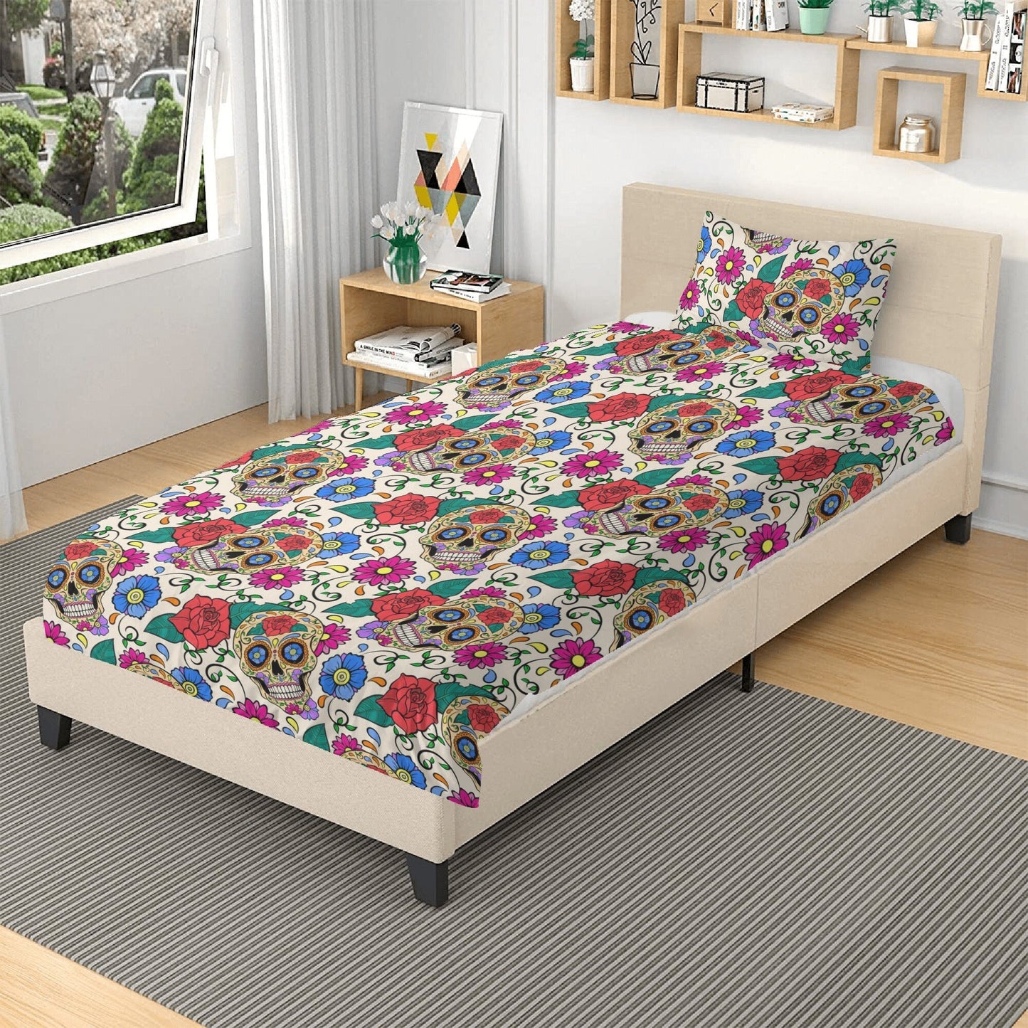 Floral skull comforter set, mexico duvet cover queen king, mexican skull duvet cover queen king, candy skull duvet cover set, cinco de mayo