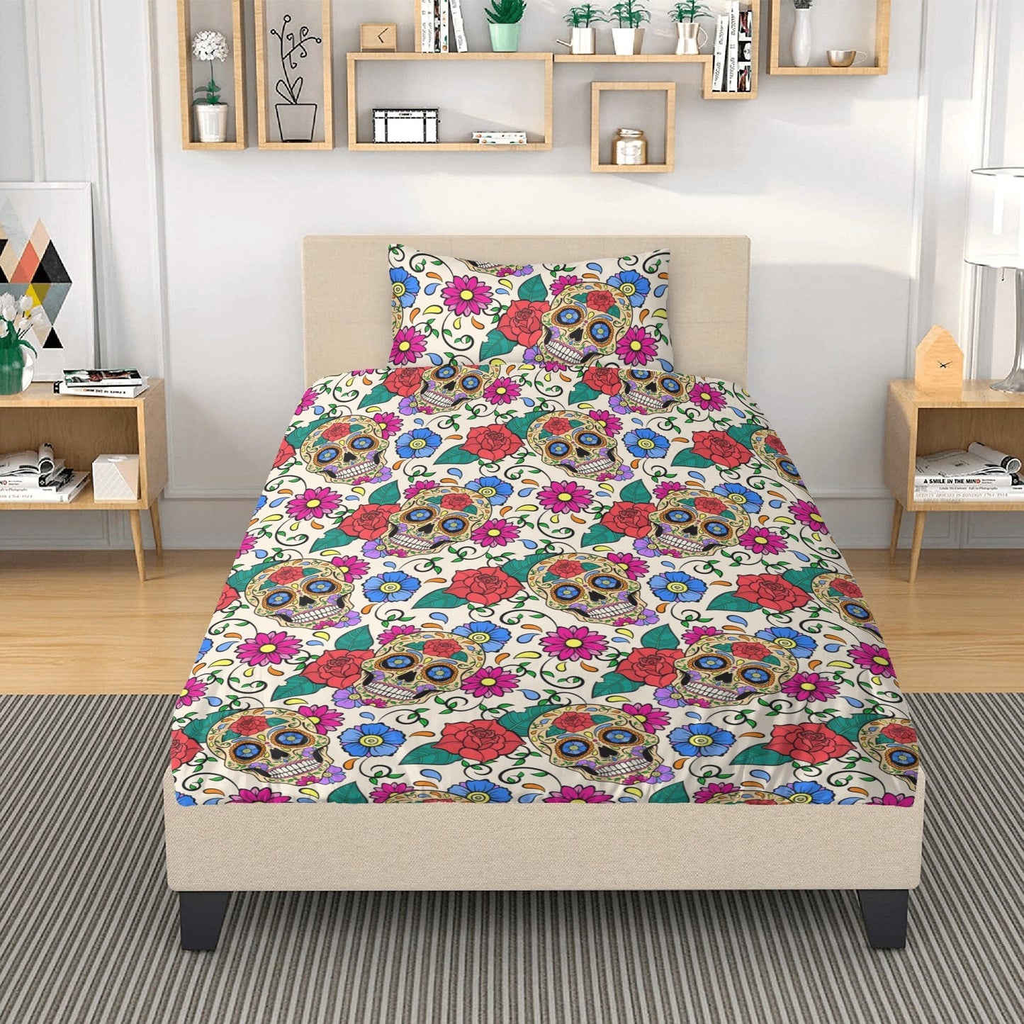Floral skull comforter set, mexico duvet cover queen king, mexican skull duvet cover queen king, candy skull duvet cover set, cinco de mayo