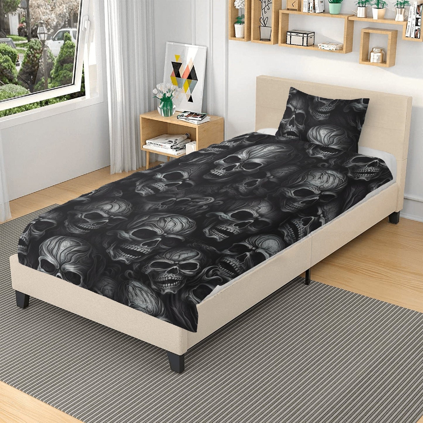 Evil face duvet cover queen king, biker skull duvet cover, horror bedding set, death with scythes pillowcase, goth bed cover, flame skull du