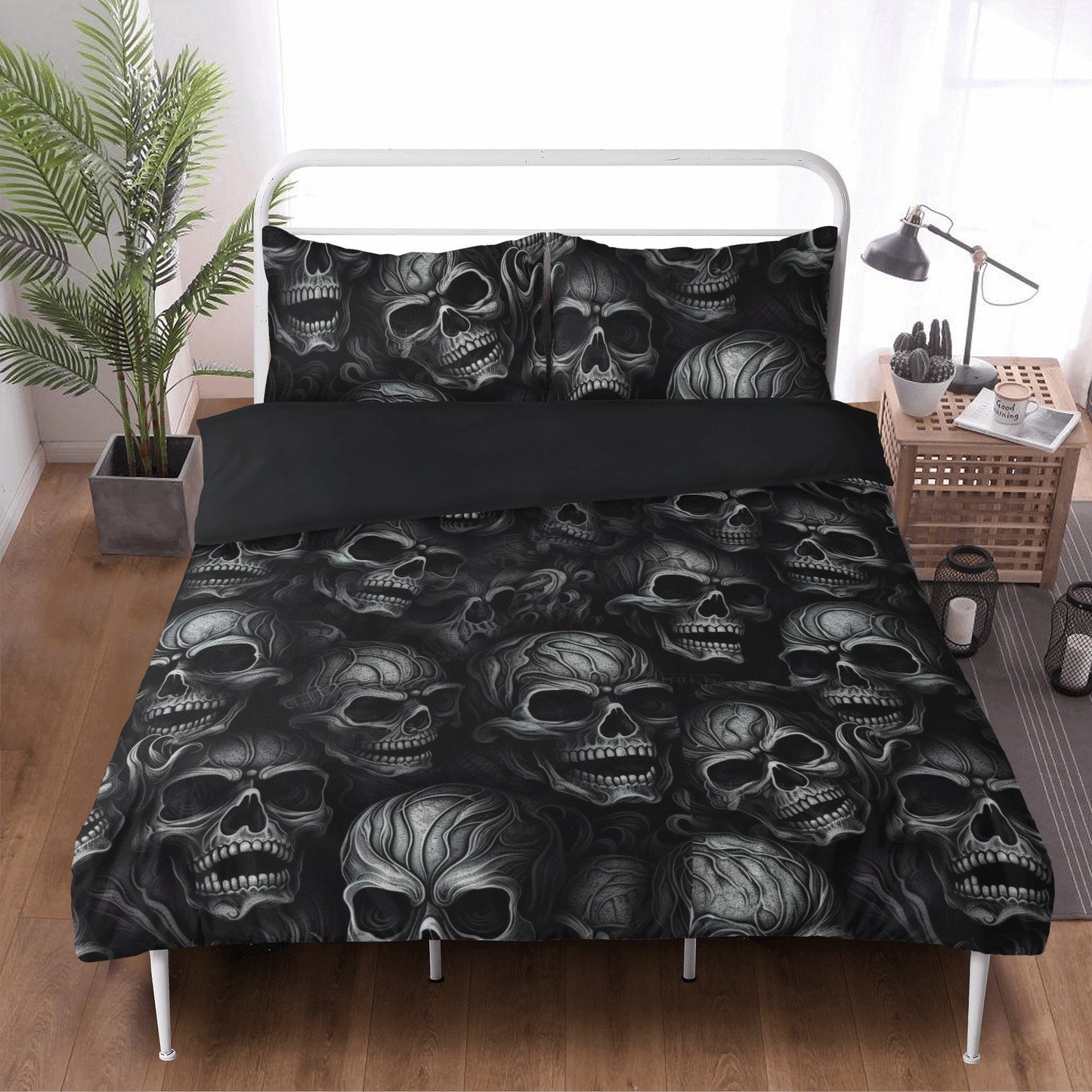 Evil face duvet cover queen king, biker skull duvet cover, horror bedding set, death with scythes pillowcase, goth bed cover, flame skull du