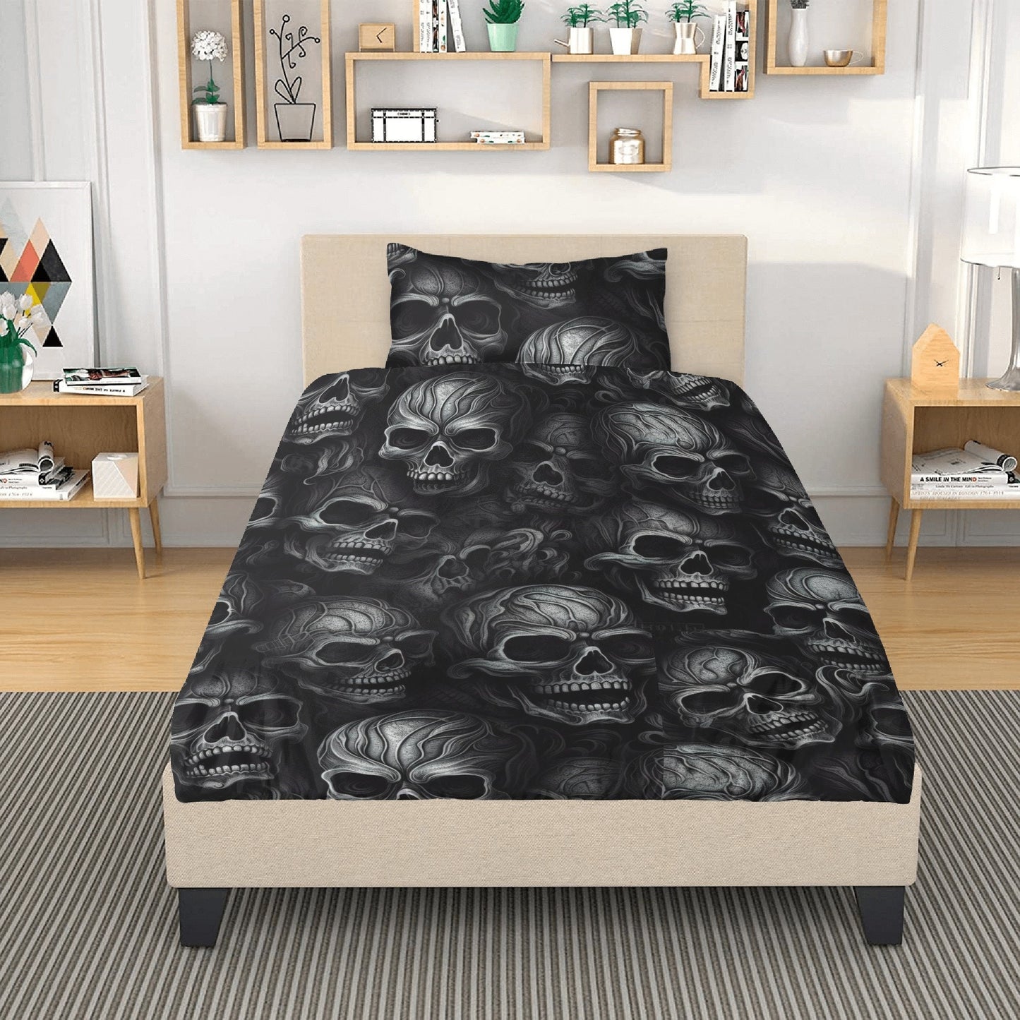 Evil face duvet cover queen king, biker skull duvet cover, horror bedding set, death with scythes pillowcase, goth bed cover, flame skull du