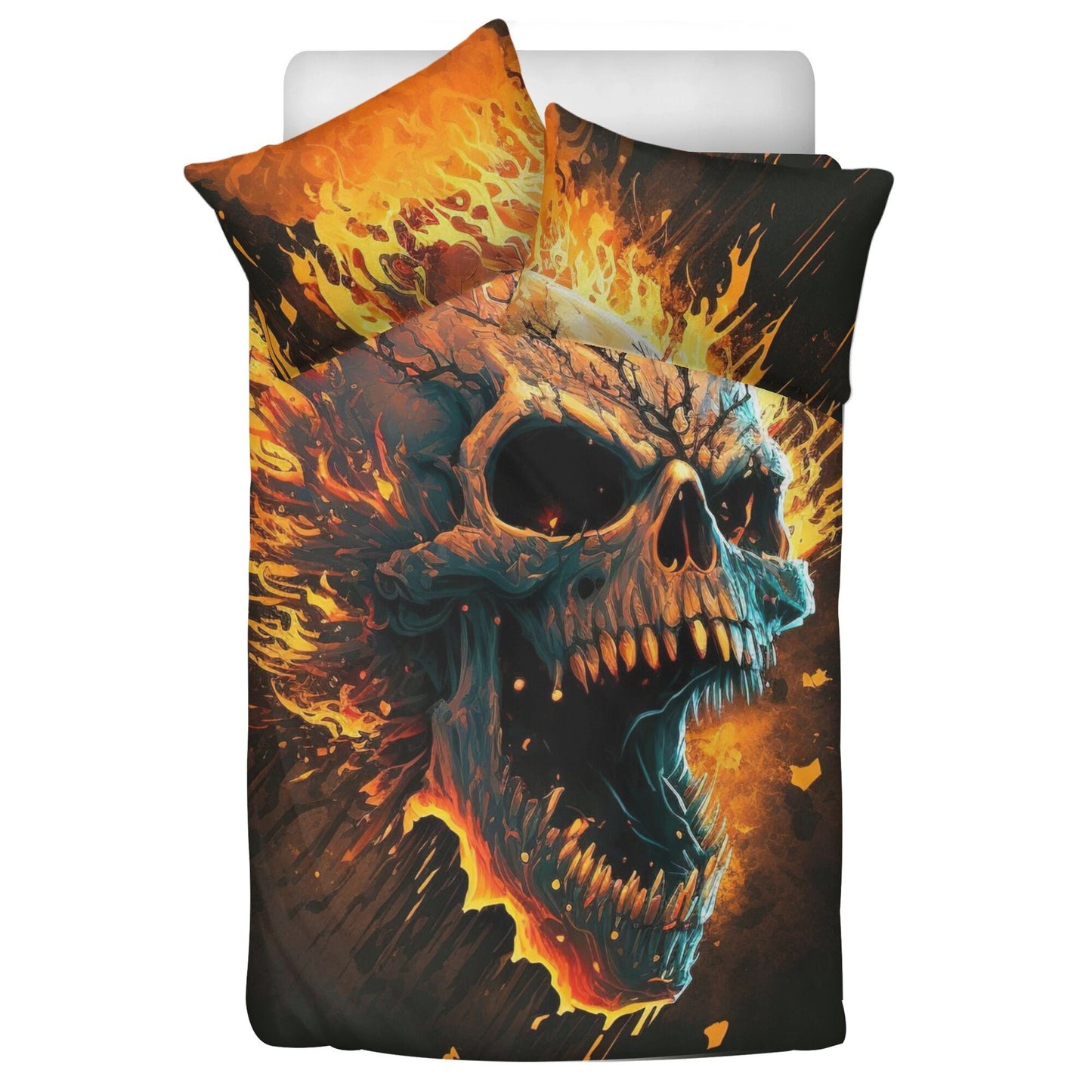 Flaming skull bedding set, devil ghost bedding set king queen, evil face bedding set king queen, spooky death bedding set, hooded skull comf