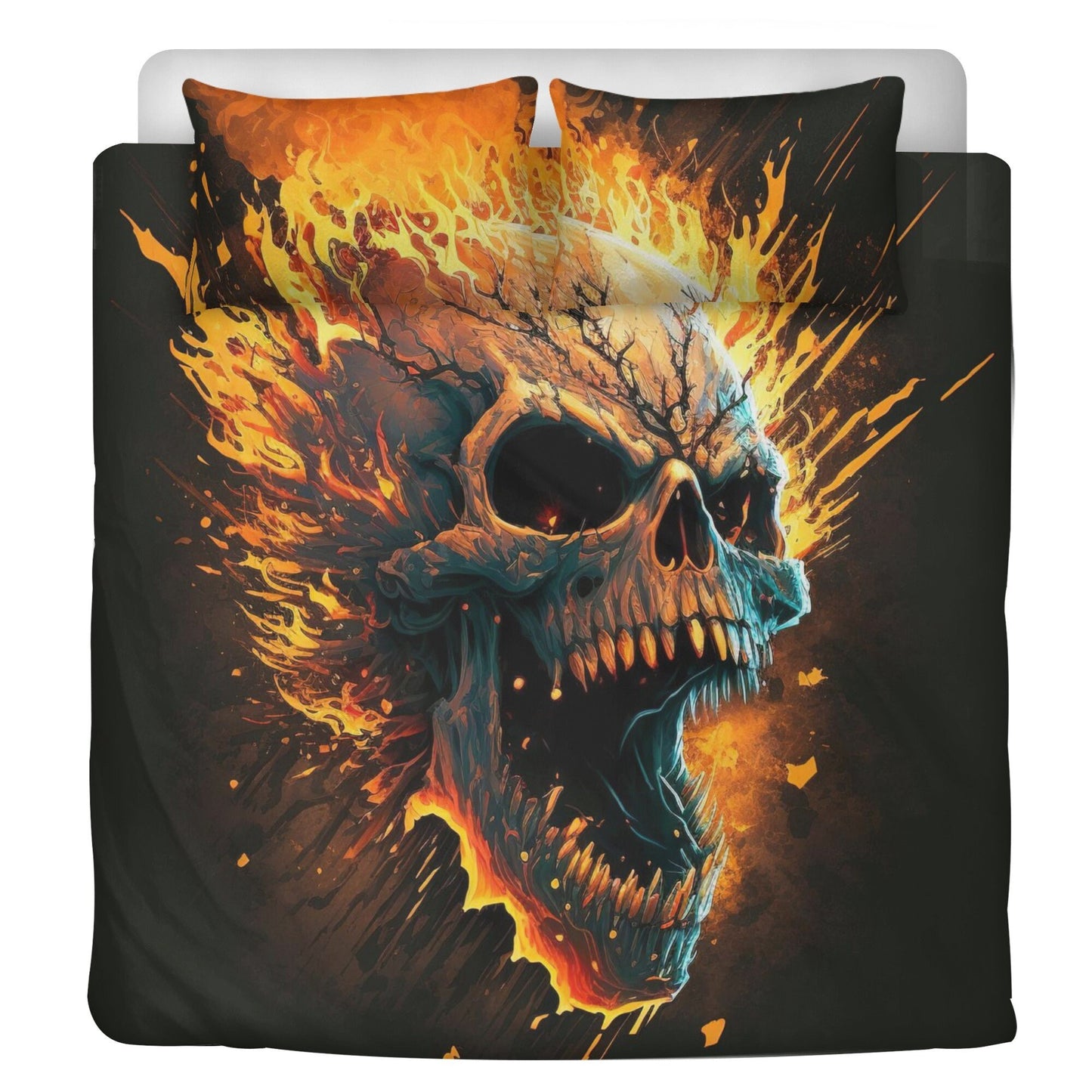 Flaming skull bedding set, devil ghost bedding set king queen, evil face bedding set king queen, spooky death bedding set, hooded skull comf