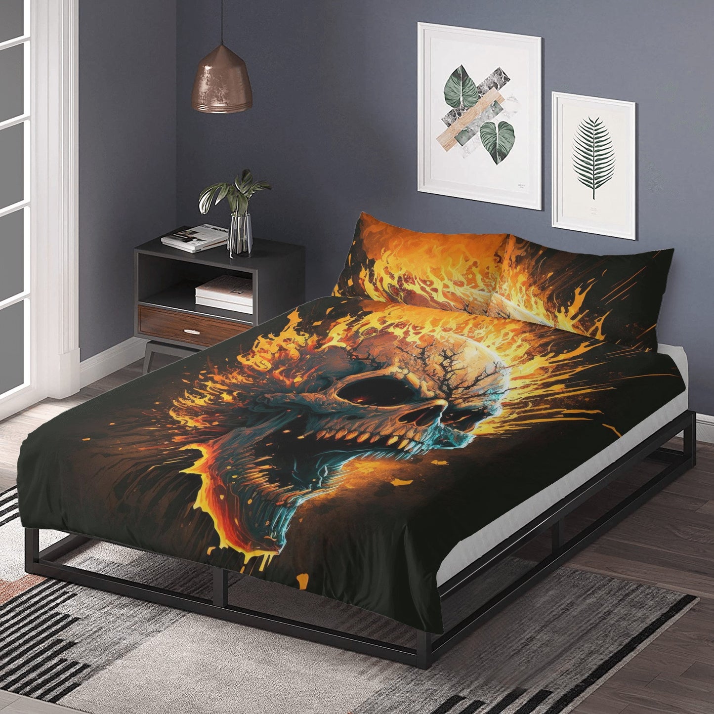 Flaming skull bedding set, devil ghost bedding set king queen, evil face bedding set king queen, spooky death bedding set, hooded skull comf