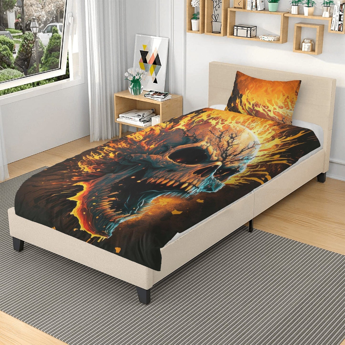 Flaming skull bedding set, devil ghost bedding set king queen, evil face bedding set king queen, spooky death bedding set, hooded skull comf