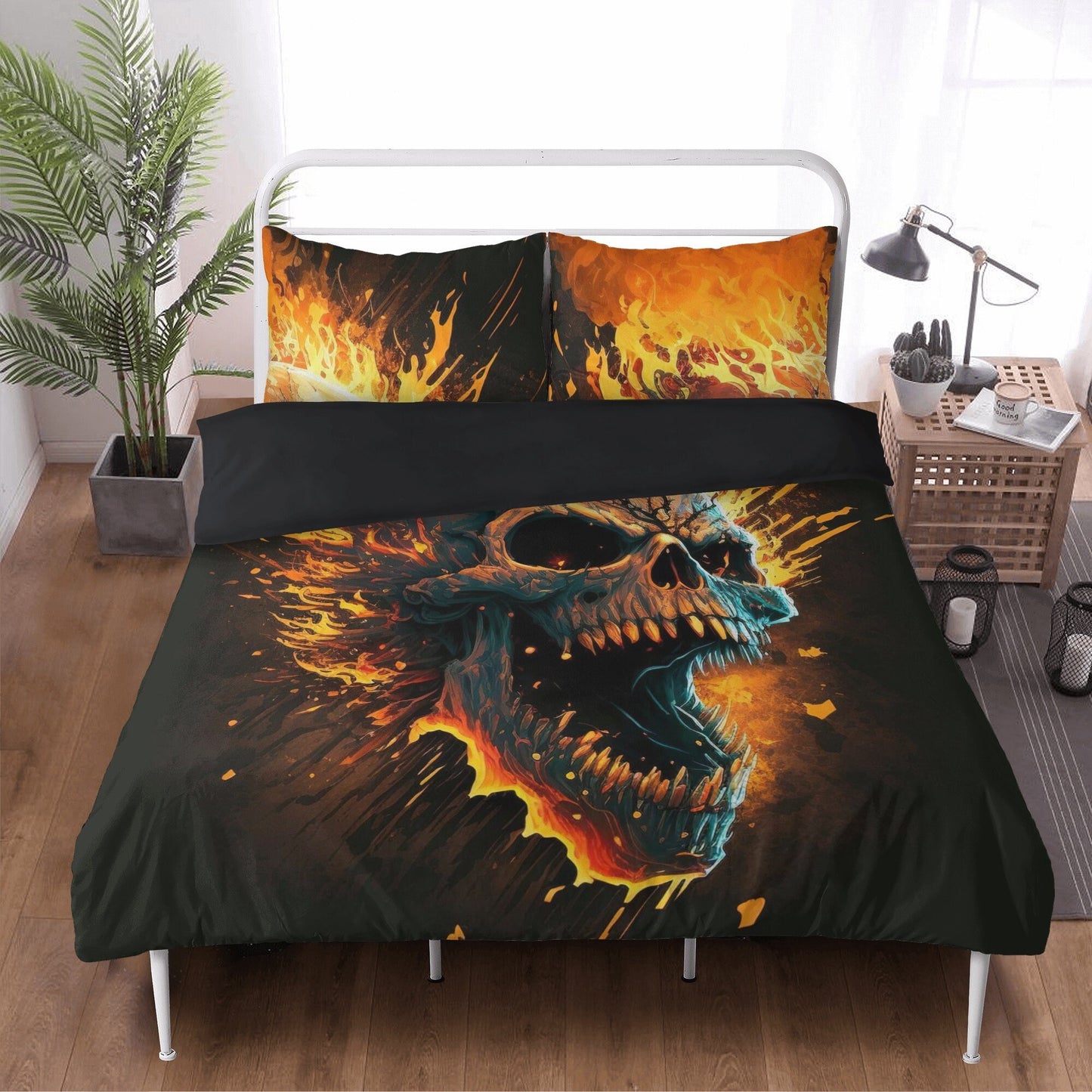 Flaming skull bedding set, devil ghost bedding set king queen, evil face bedding set king queen, spooky death bedding set, hooded skull comf