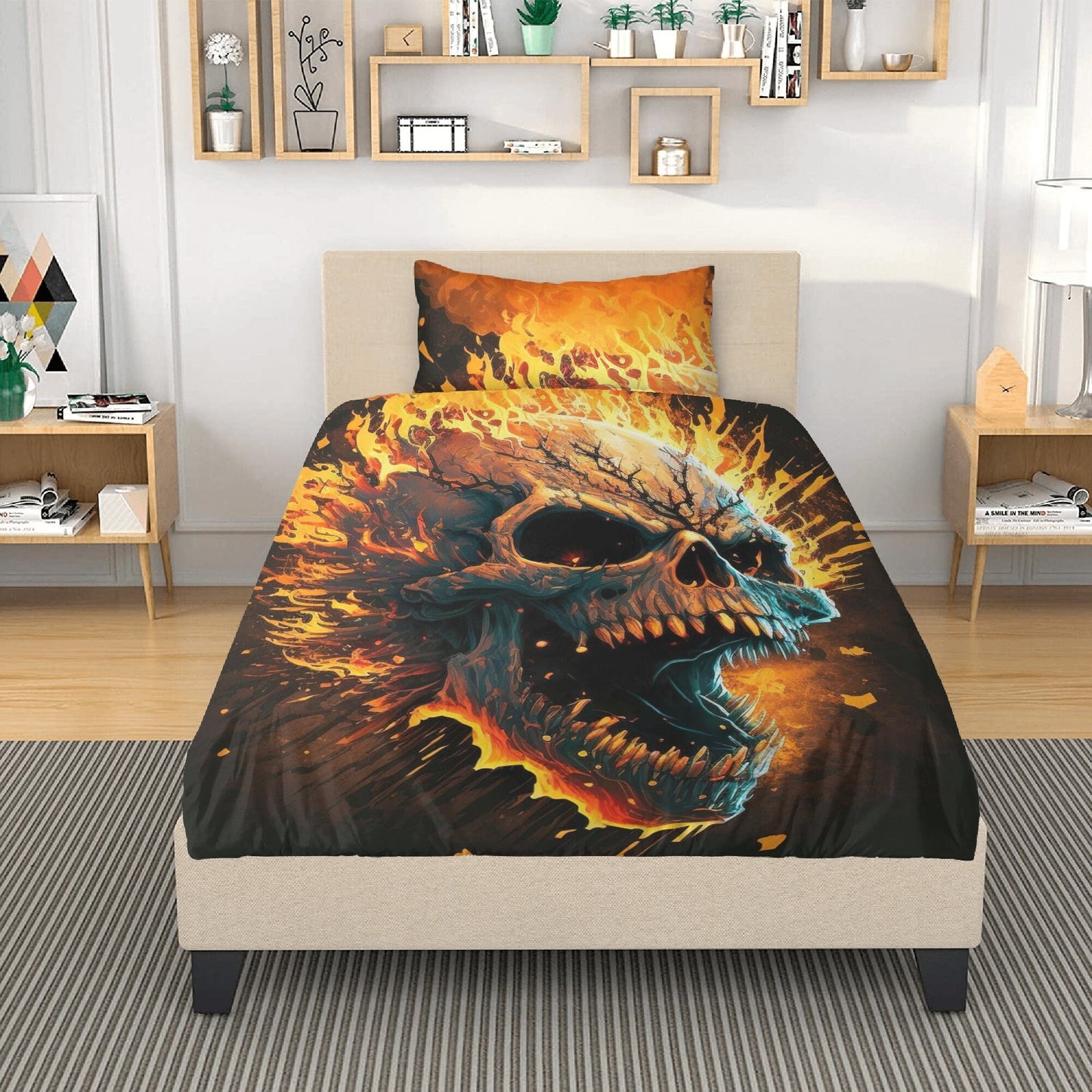 Flaming skull bedding set, devil ghost bedding set king queen, evil face bedding set king queen, spooky death bedding set, hooded skull comf