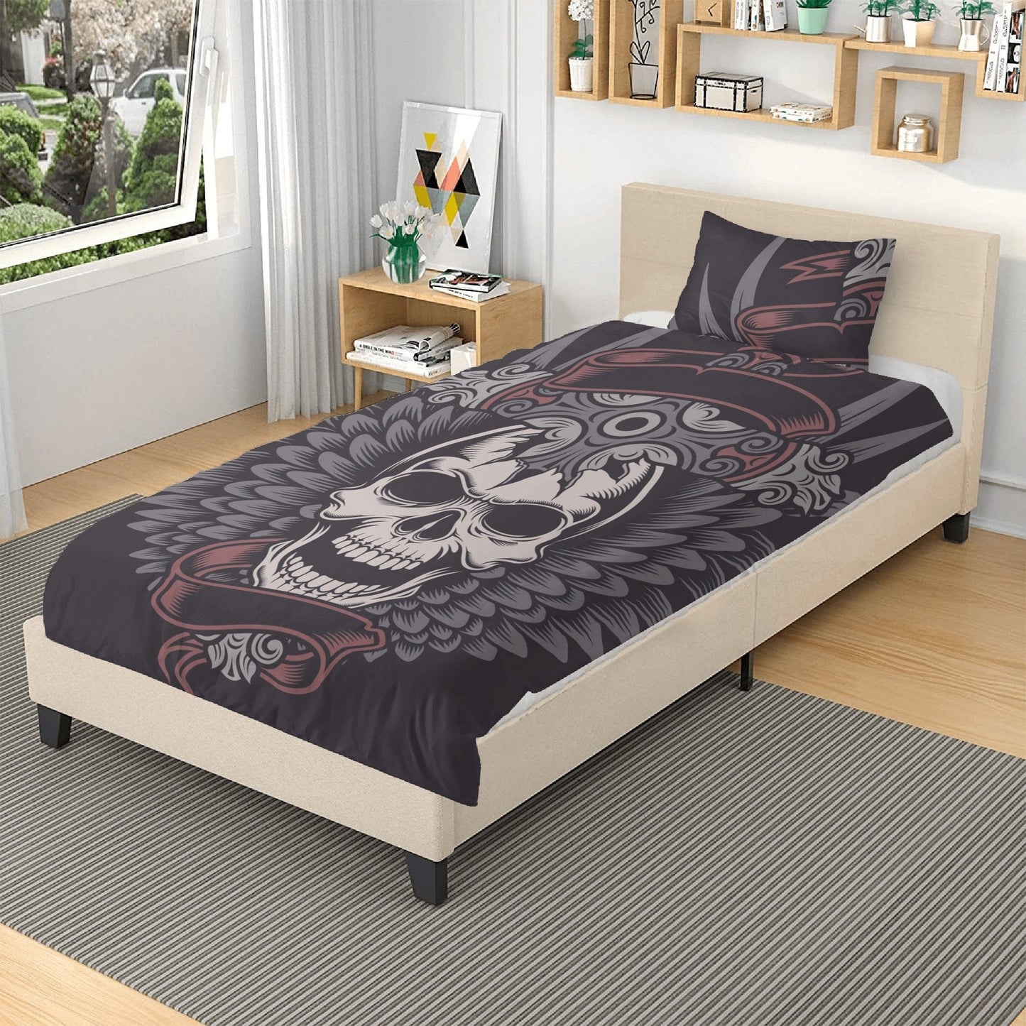 Skeleton duvet cover set, skull bedding set, floral skull comforter, floral skull comforter, christmas skull bedroom decor, hooded skull com