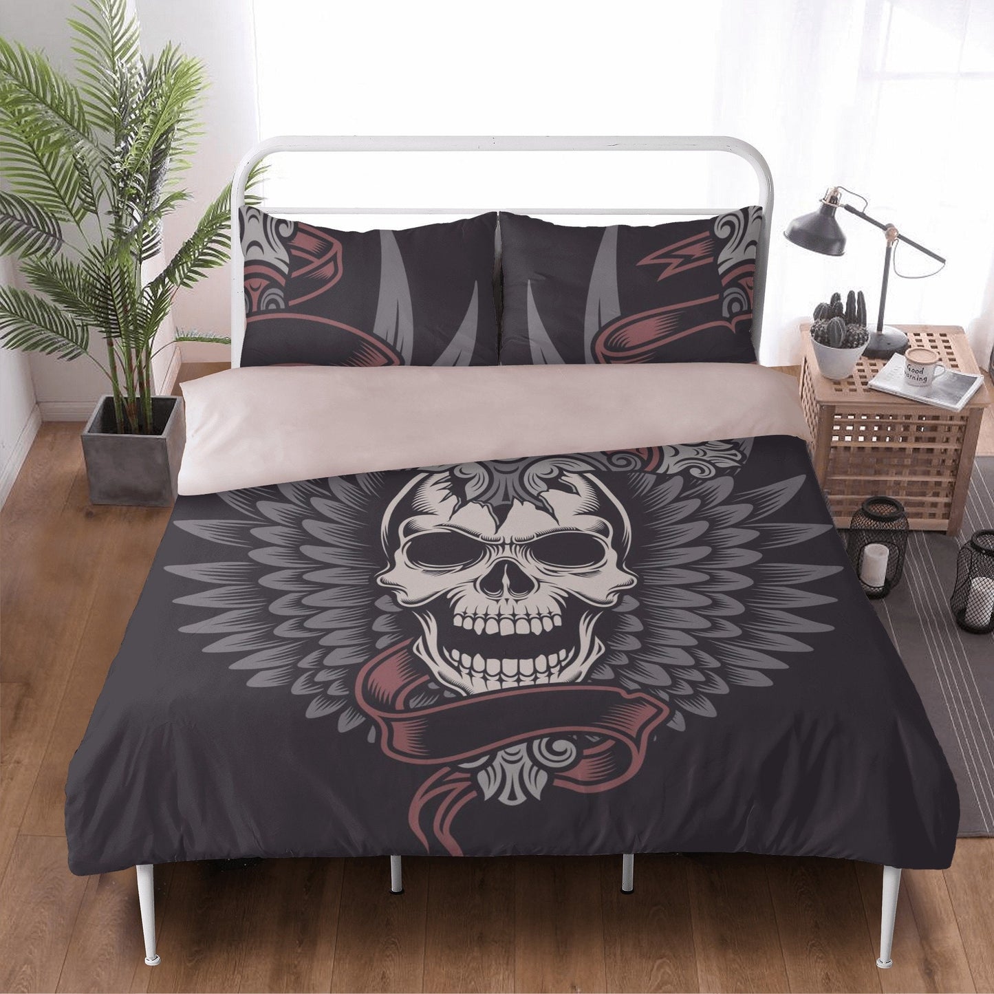 Skeleton duvet cover set, skull bedding set, floral skull comforter, floral skull comforter, christmas skull bedroom decor, hooded skull com
