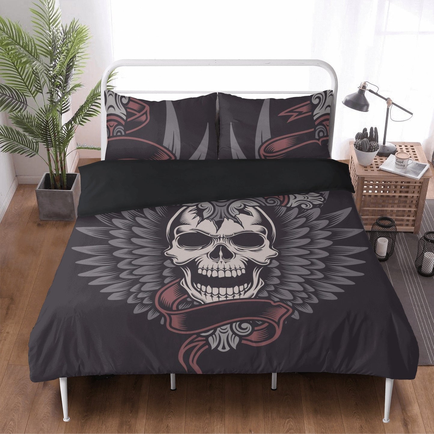 Skeleton duvet cover set, skull bedding set, floral skull comforter, floral skull comforter, christmas skull bedroom decor, hooded skull com