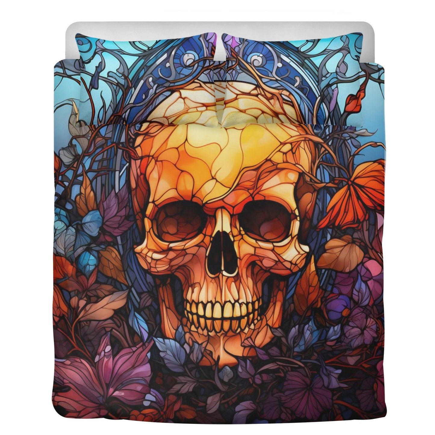 Gothic skull bed cover, hooded skull pillow cover, dark horror duvet cover, evil face bedding set, skull in fire comforter, floral skull com