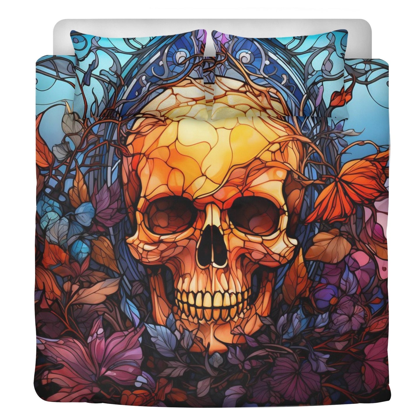 Gothic skull bed cover, hooded skull pillow cover, dark horror duvet cover, evil face bedding set, skull in fire comforter, floral skull com