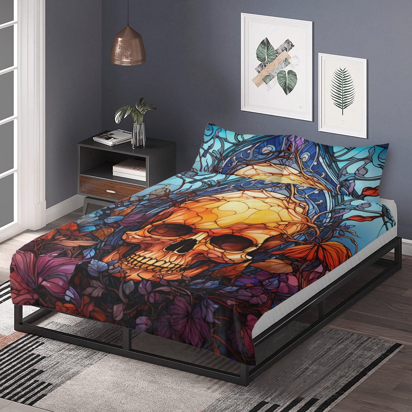 Gothic skull bed cover, hooded skull pillow cover, dark horror duvet cover, evil face bedding set, skull in fire comforter, floral skull com