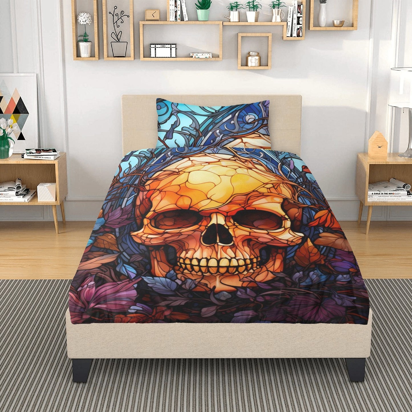 Gothic skull bed cover, hooded skull pillow cover, dark horror duvet cover, evil face bedding set, skull in fire comforter, floral skull com