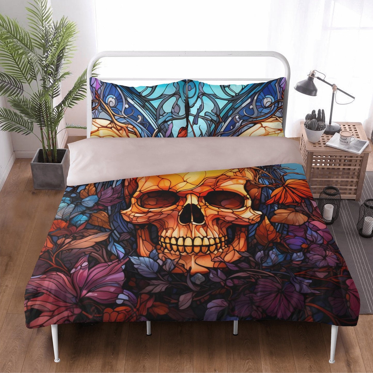 Gothic skull bed cover, hooded skull pillow cover, dark horror duvet cover, evil face bedding set, skull in fire comforter, floral skull com