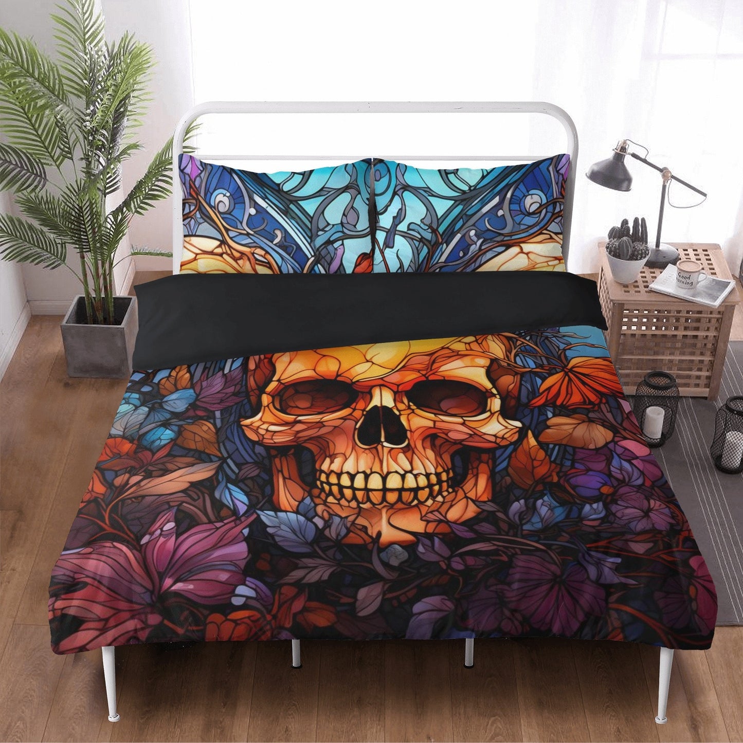 Gothic skull bed cover, hooded skull pillow cover, dark horror duvet cover, evil face bedding set, skull in fire comforter, floral skull com