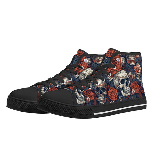Motorcycle skull shoes gift, motorcycle skull canvas shoes, floral skull women sneakers, skull in fire canvas shoes, flower skull shoes gift