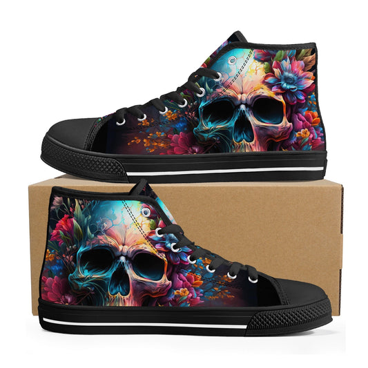 Rose skull causual sneakers, punisher skull shoes, skull in fire shoes gift, biker skull high-top shoes, christmas skull shoes for her, moto