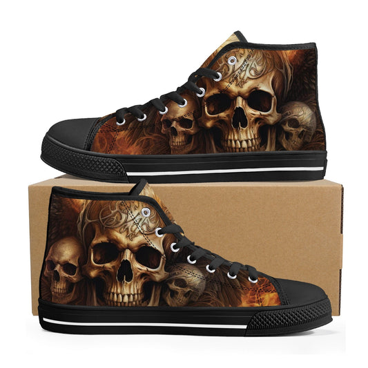 Goth canvas shoes, flaming skull high top shoes, rose skull shoes, flaming skull men sneakers, hooded skull women sneakers, gothic skull sho