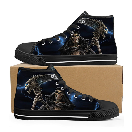 Halloween hight top sneakers, dark horror high-top shoes, skull with scythes men sneakers, evil face high top shoes, evil face shoes, flower