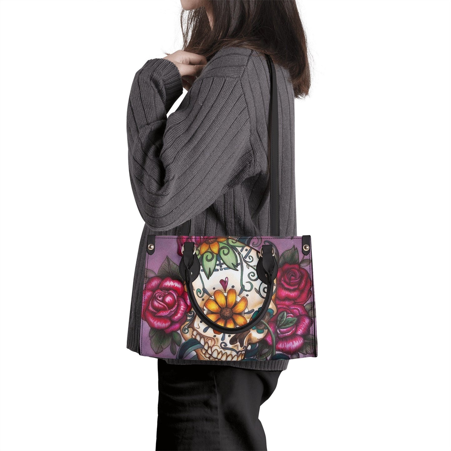 Candy skull long wallet, sugar skull girl travel bag, day of the dead shoulder bag, floral sugar skull bag with shoulder strap, floral sugar