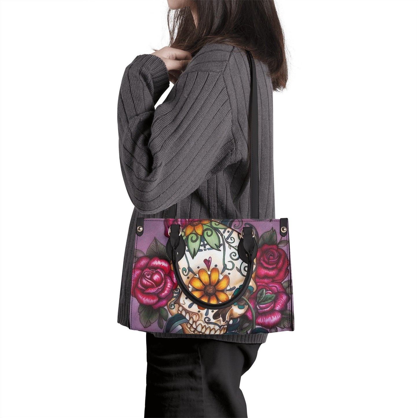 Candy skull long wallet, sugar skull girl travel bag, day of the dead shoulder bag, floral sugar skull bag with shoulder strap, floral sugar