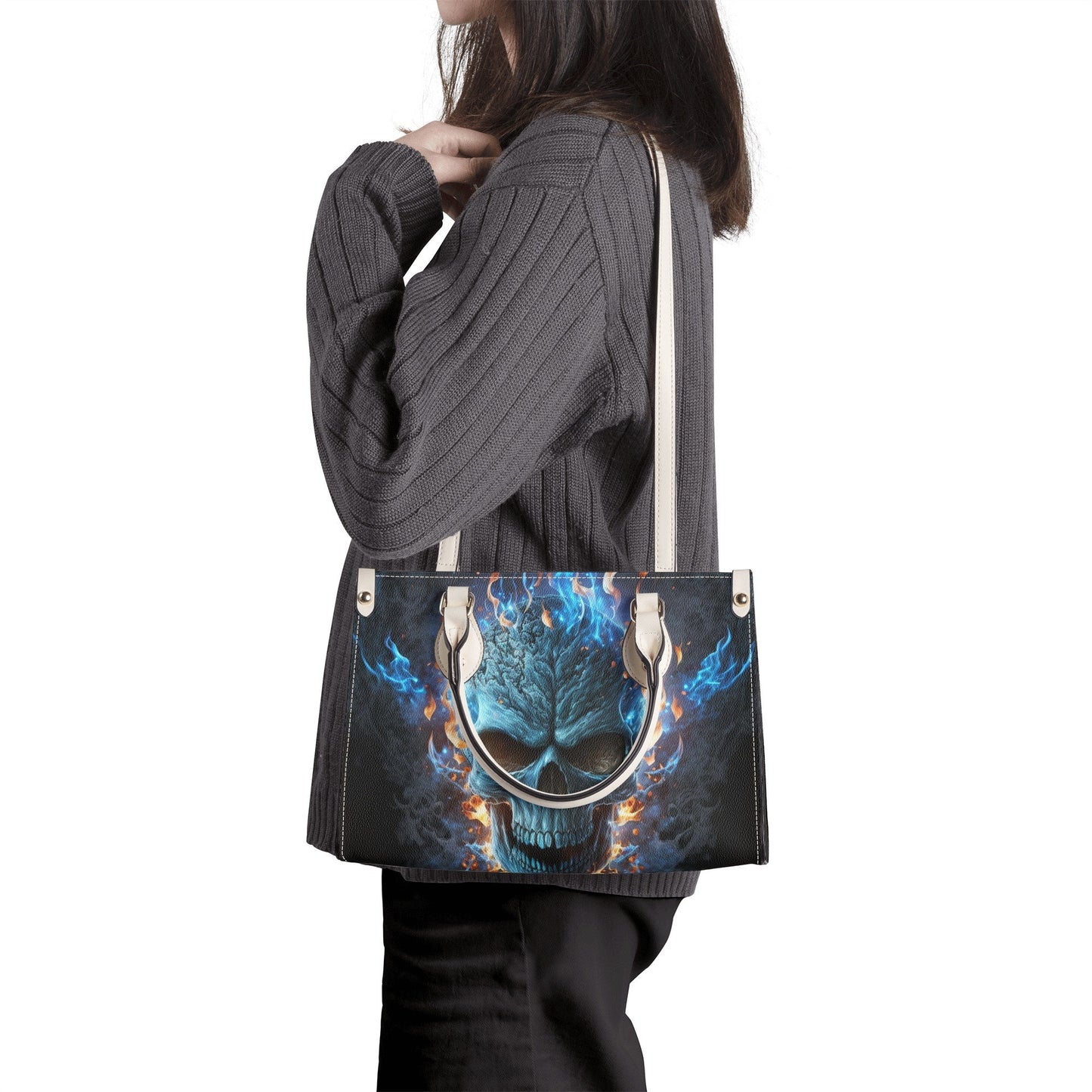 Halloween messenger bag, flower skull travel bag, hooded skull cosmetic bag, hooded skull tote bag, skull women's handbag, skull in fire cro