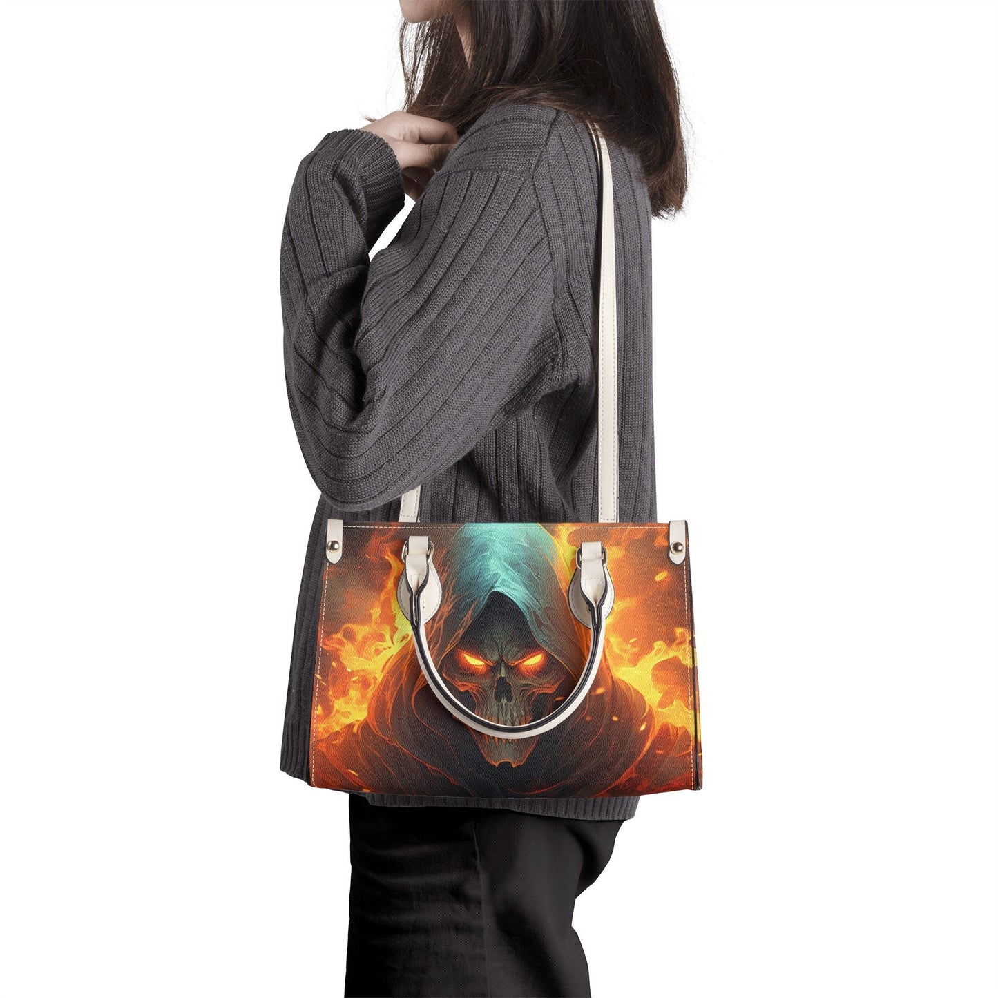 Horror travel bag, spooky death bag with shoulder strap, evil face women's purse, rose skull handbag with strap, rose skull shoulder bag, sk