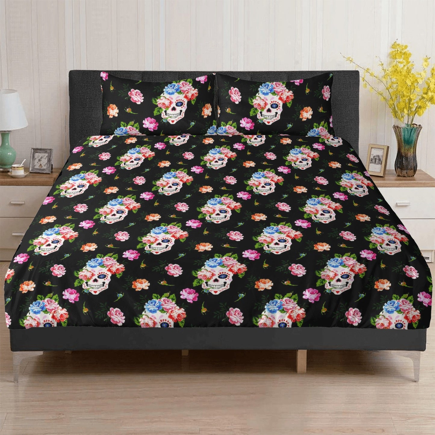 Flower skull duvet cover queen king, horror duvet cover, death with scythes bed cover, flower skull comforter set, gothic skull duvet cover