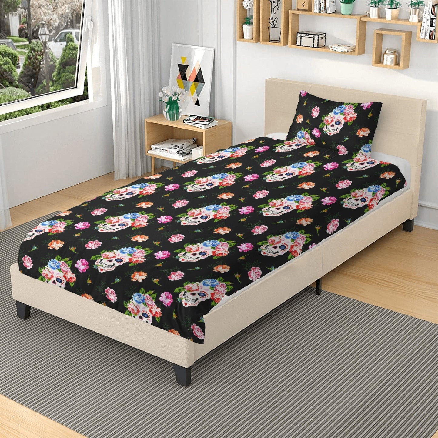 Flower skull duvet cover queen king, horror duvet cover, death with scythes bed cover, flower skull comforter set, gothic skull duvet cover