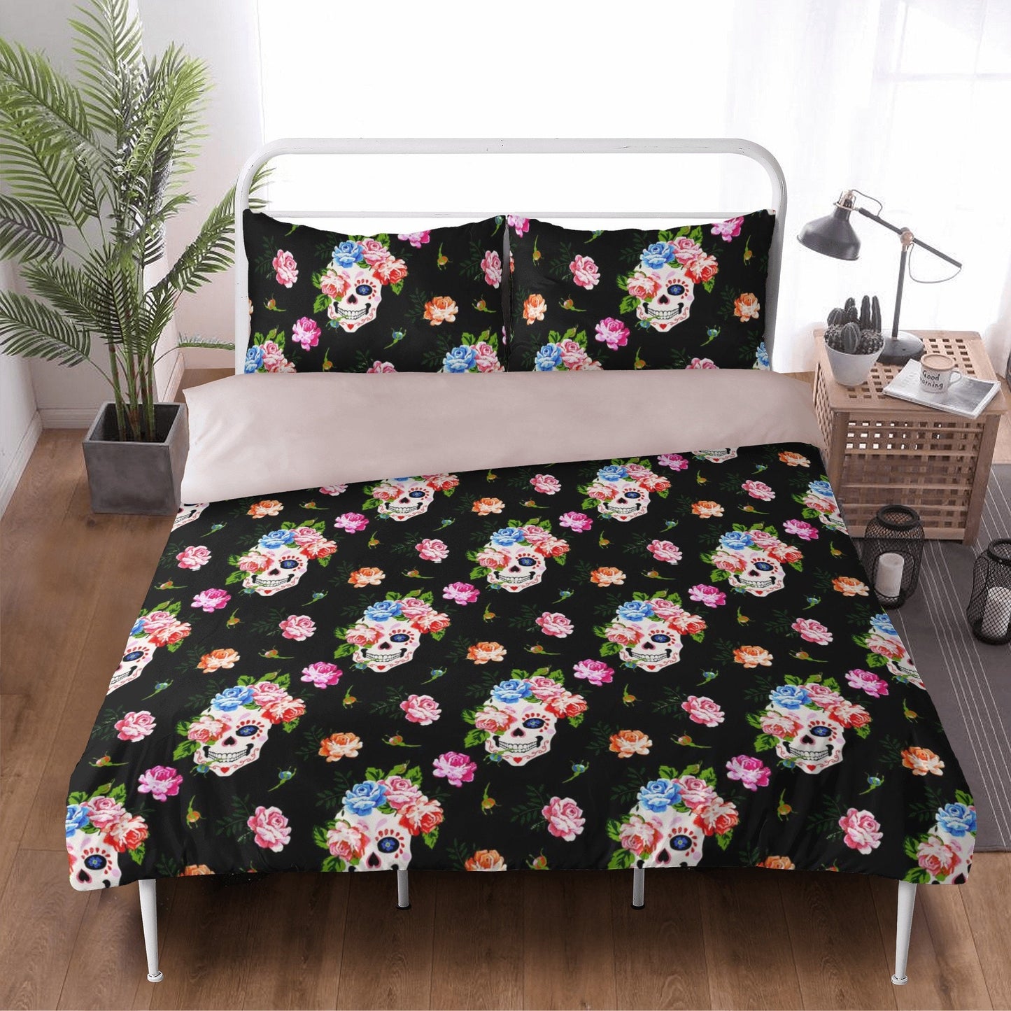 Flower skull duvet cover queen king, horror duvet cover, death with scythes bed cover, flower skull comforter set, gothic skull duvet cover