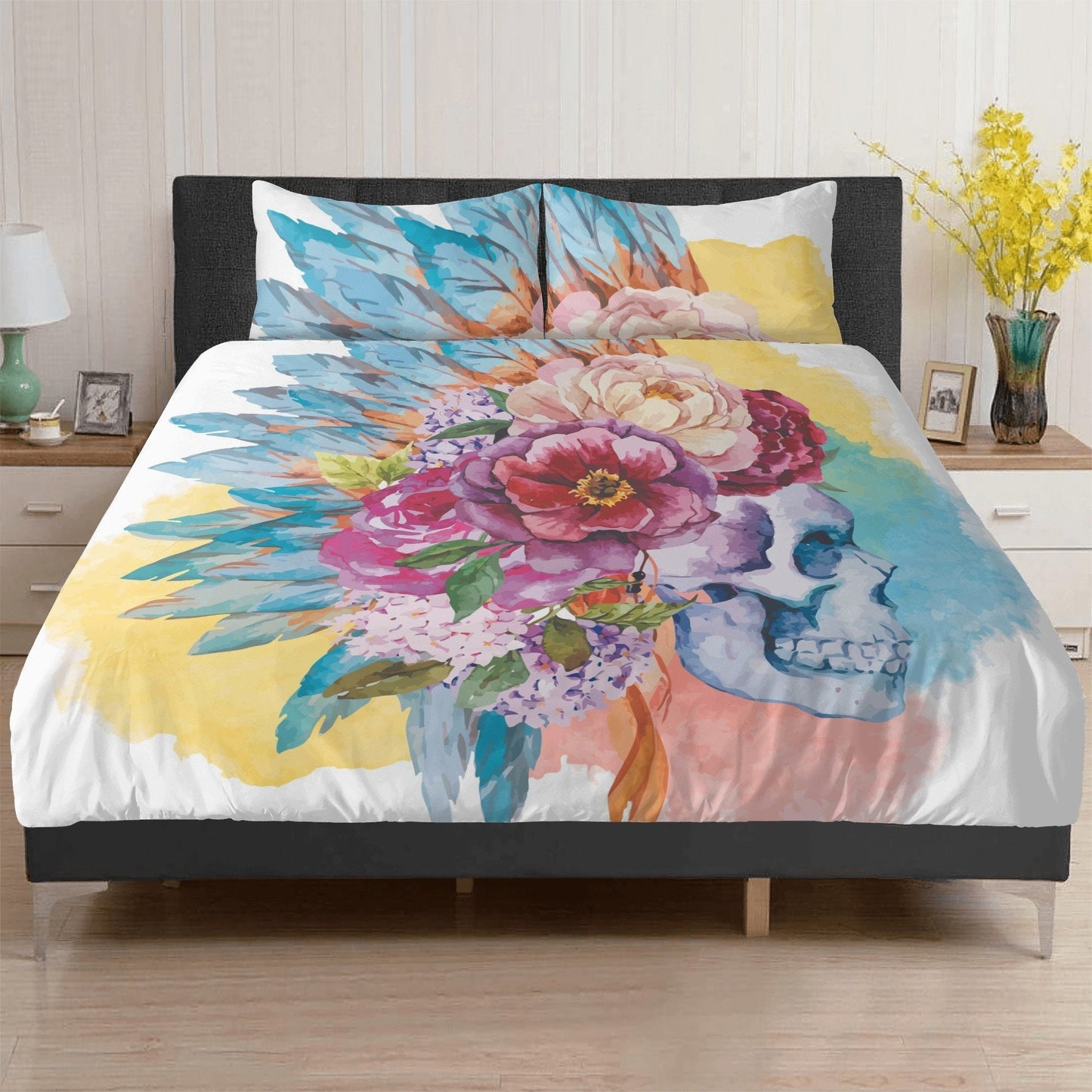 Flower skull comforter set, halloween pillow cover, skeleton pillow cover, death skull pillow cover, flame skull duvet cover, devil ghost pi