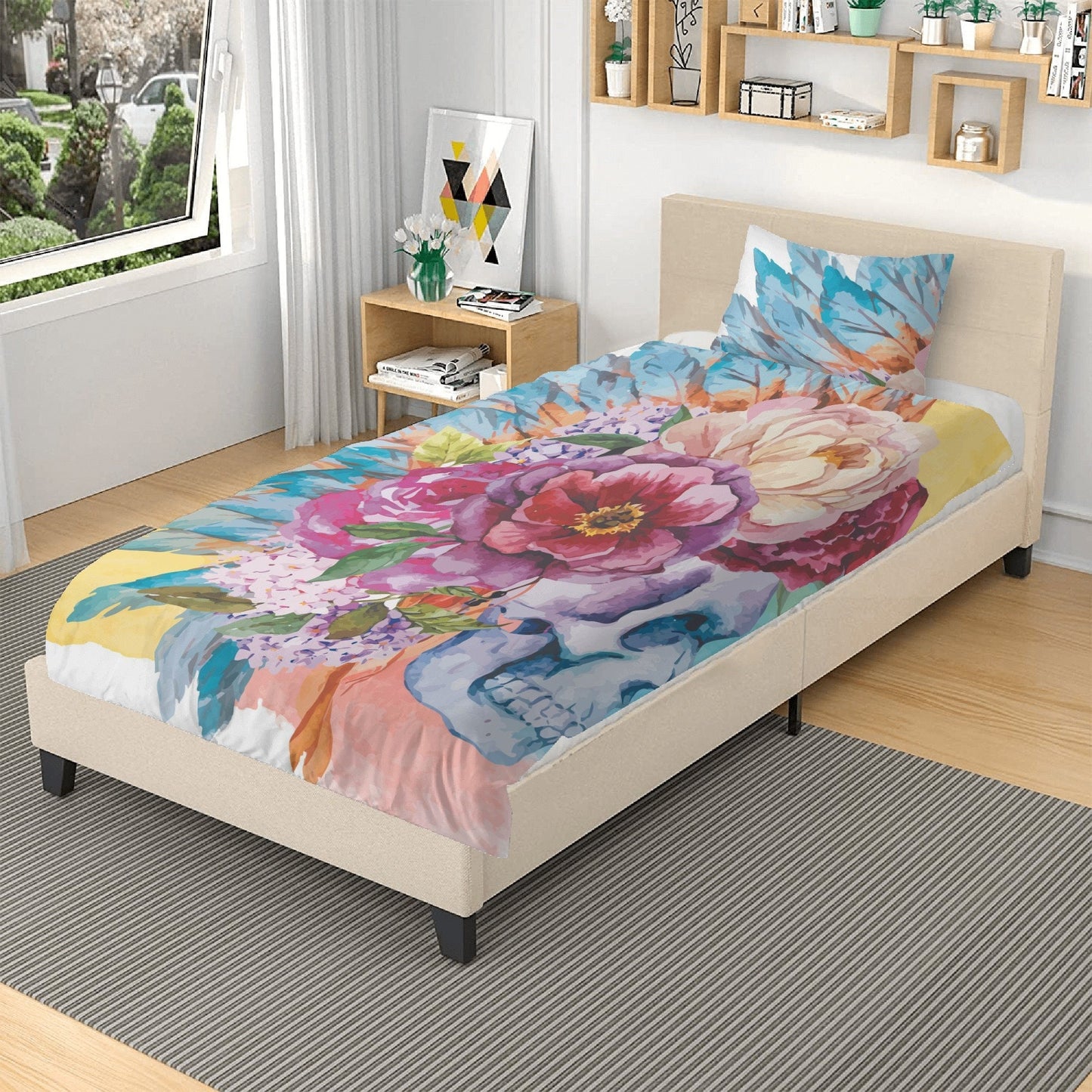 Flower skull comforter set, halloween pillow cover, skeleton pillow cover, death skull pillow cover, flame skull duvet cover, devil ghost pi