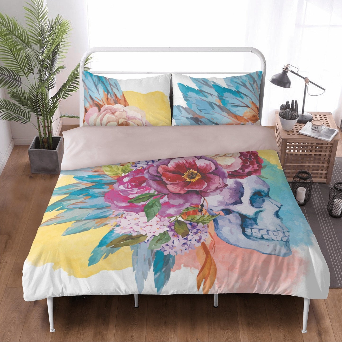Flower skull comforter set, halloween pillow cover, skeleton pillow cover, death skull pillow cover, flame skull duvet cover, devil ghost pi