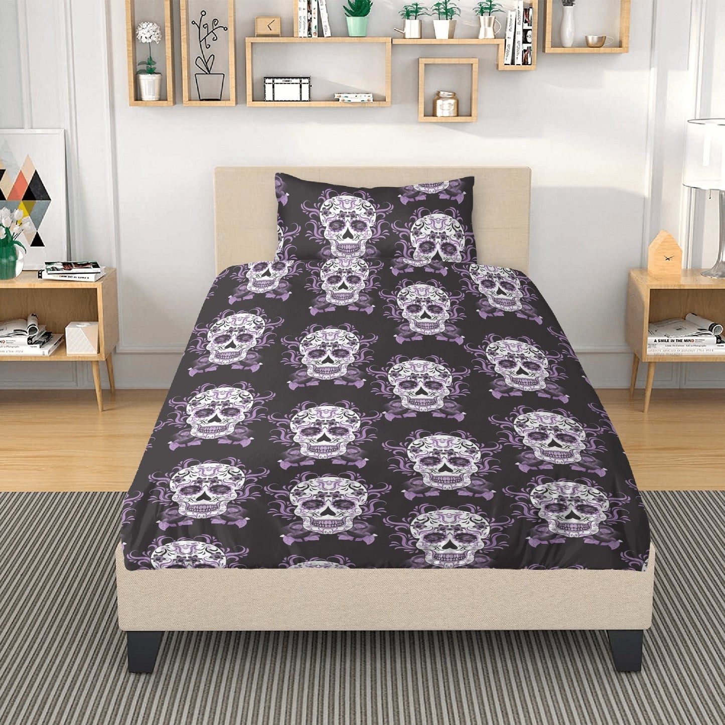 Sugar skull girl pillow cover, dia de los muertos skull bedding, cinco de mayo skull duvet cover set, calaveras skull comforter set, floral