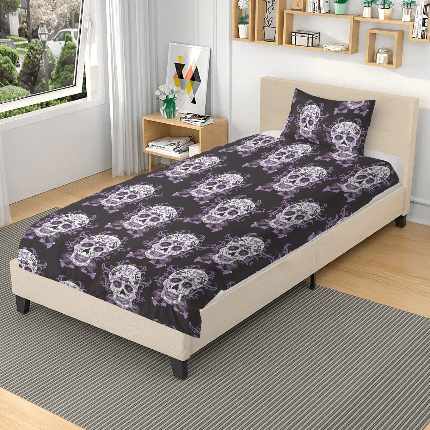 Sugar skull girl pillow cover, dia de los muertos skull bedding, cinco de mayo skull duvet cover set, calaveras skull comforter set, floral