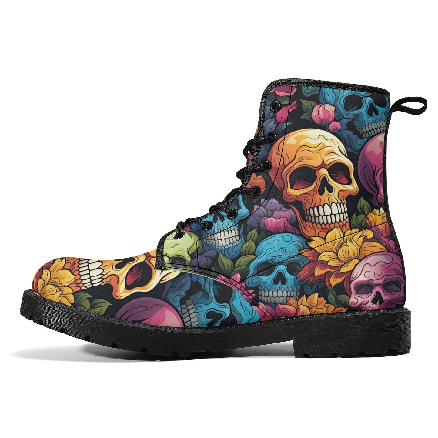 Flower skull waterproof boot, skull in fire waterproof shoes, spooky death combat boots, floral skull fashion leather boots, devil ghost com
