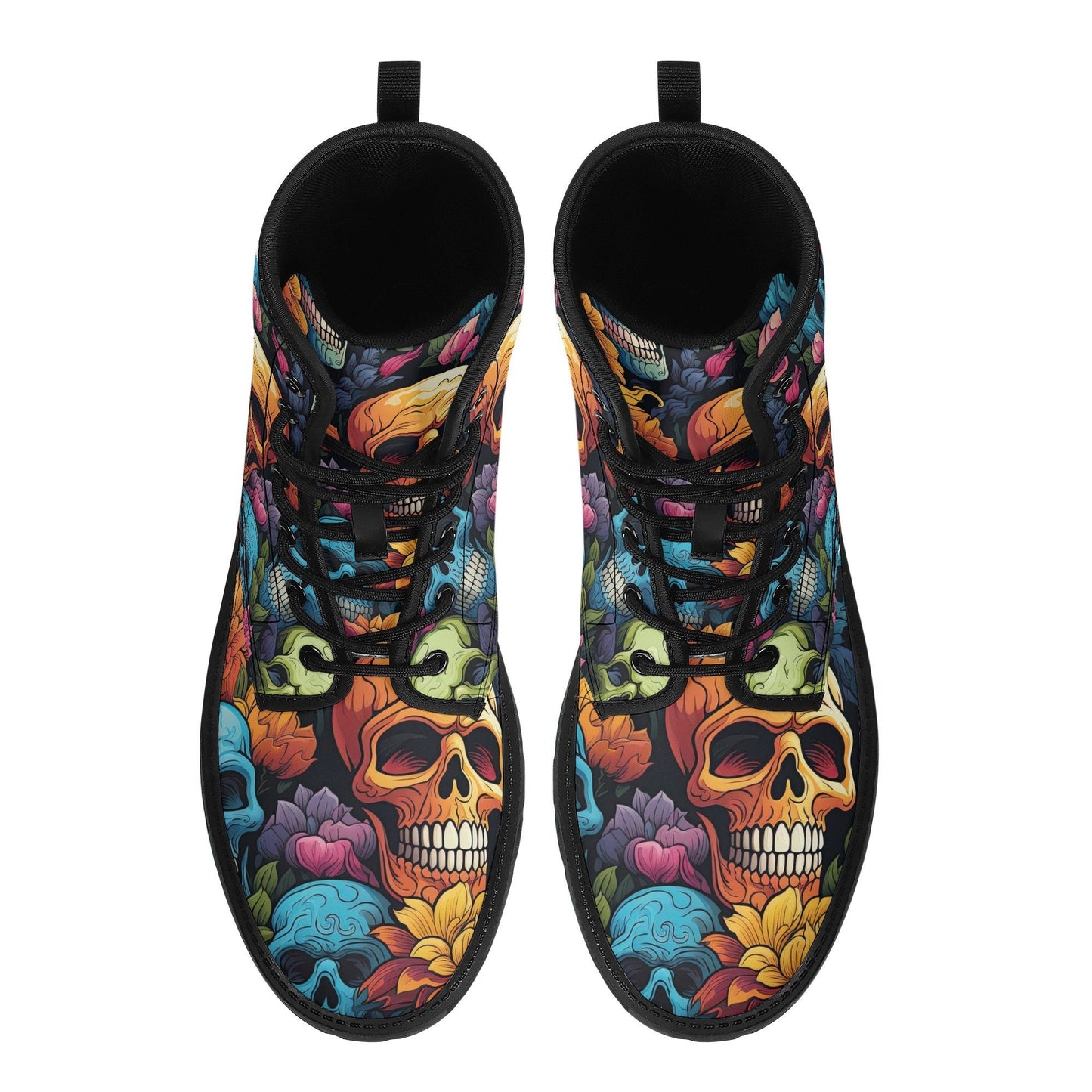Flower skull waterproof boot, skull in fire waterproof shoes, spooky death combat boots, floral skull fashion leather boots, devil ghost com
