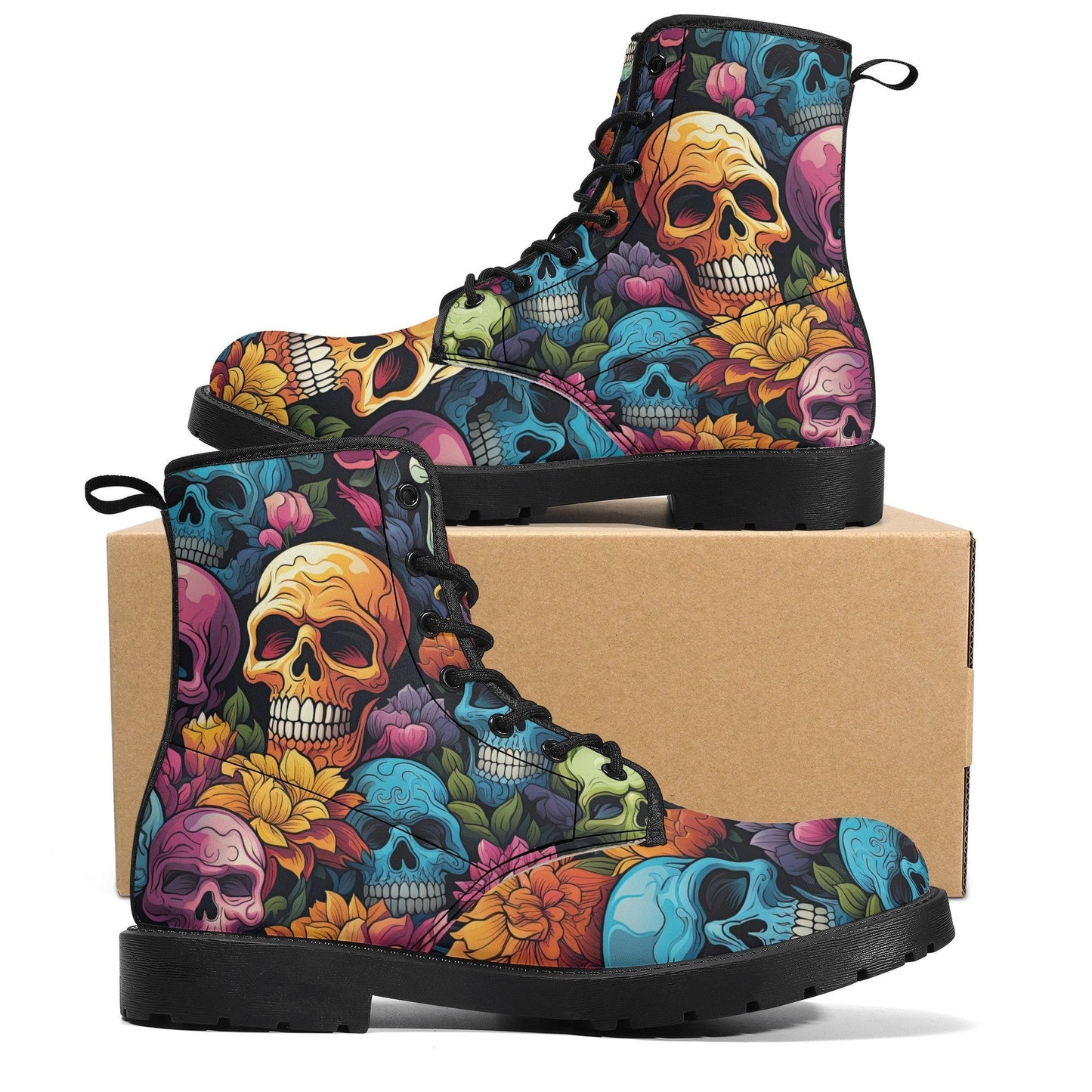Flower skull waterproof boot, skull in fire waterproof shoes, spooky death combat boots, floral skull fashion leather boots, devil ghost com