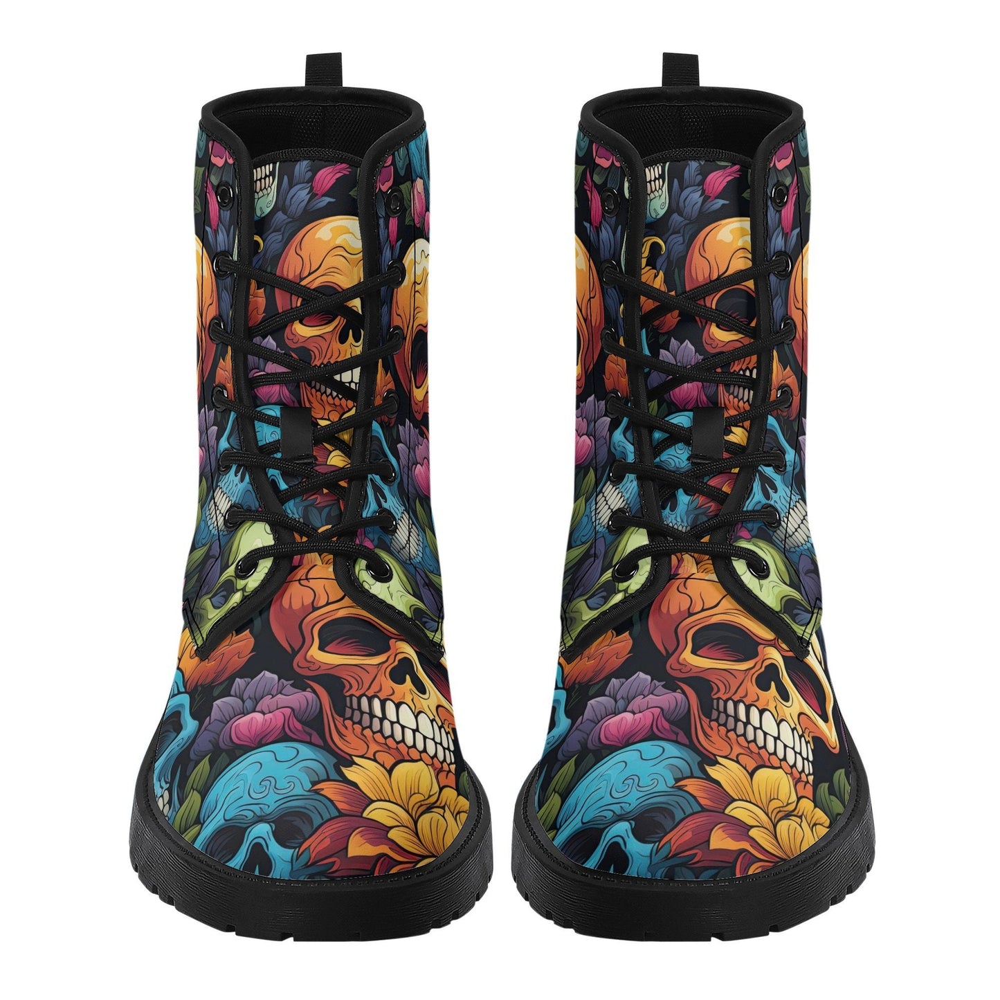Flower skull waterproof boot, skull in fire waterproof shoes, spooky death combat boots, floral skull fashion leather boots, devil ghost com