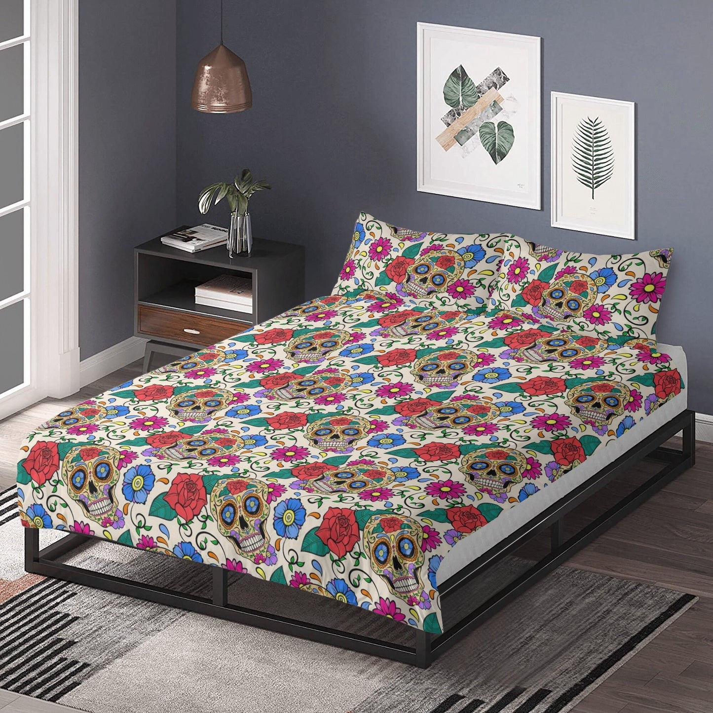 Floral skull comforter set, mexico duvet cover queen king, mexican skull duvet cover queen king, candy skull duvet cover set, cinco de mayo