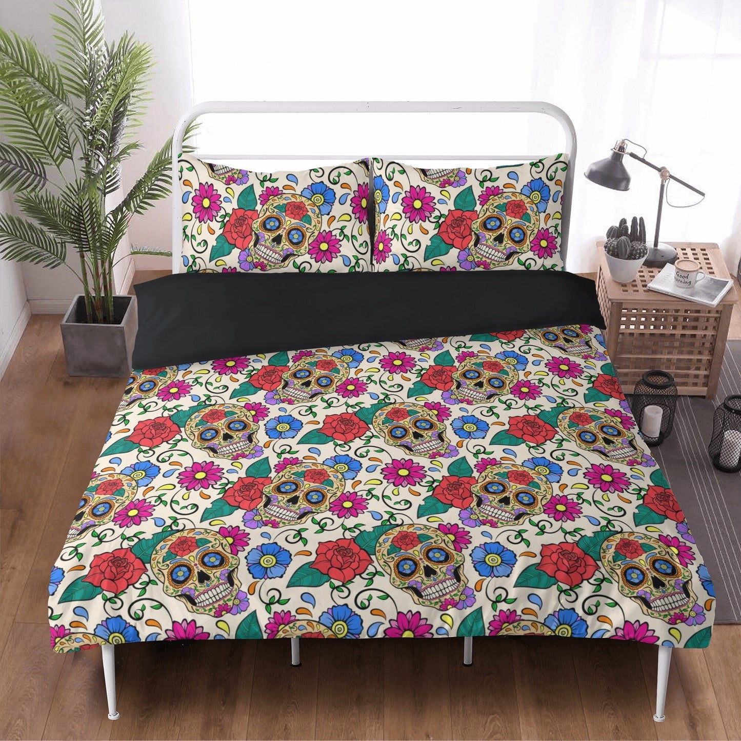 Floral skull comforter set, mexico duvet cover queen king, mexican skull duvet cover queen king, candy skull duvet cover set, cinco de mayo