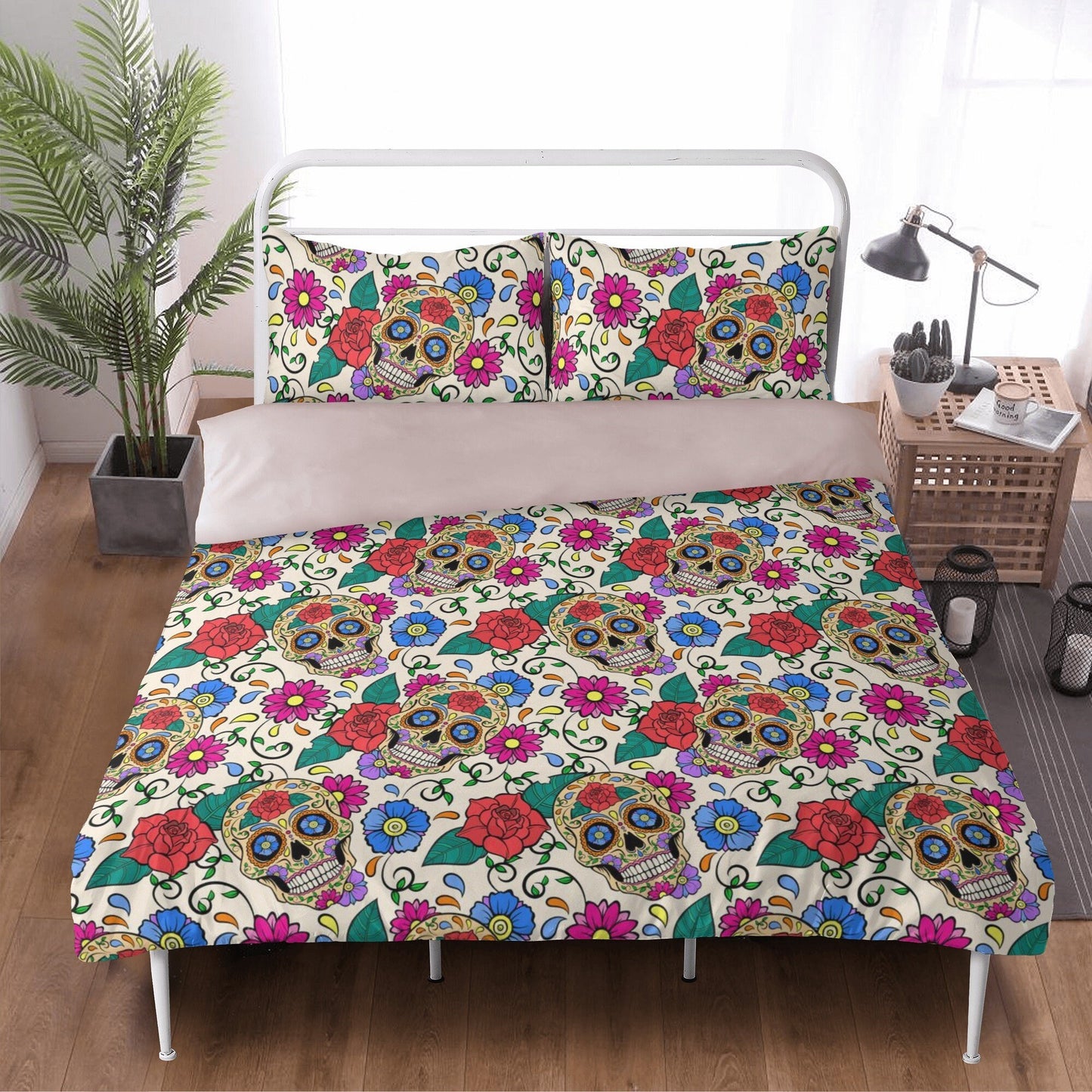 Floral skull comforter set, mexico duvet cover queen king, mexican skull duvet cover queen king, candy skull duvet cover set, cinco de mayo