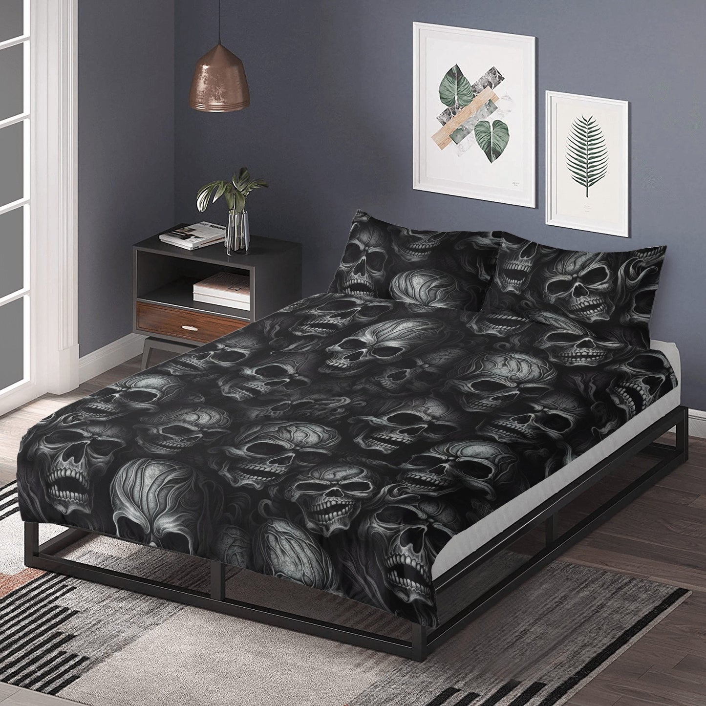 Evil face duvet cover queen king, biker skull duvet cover, horror bedding set, death with scythes pillowcase, goth bed cover, flame skull du