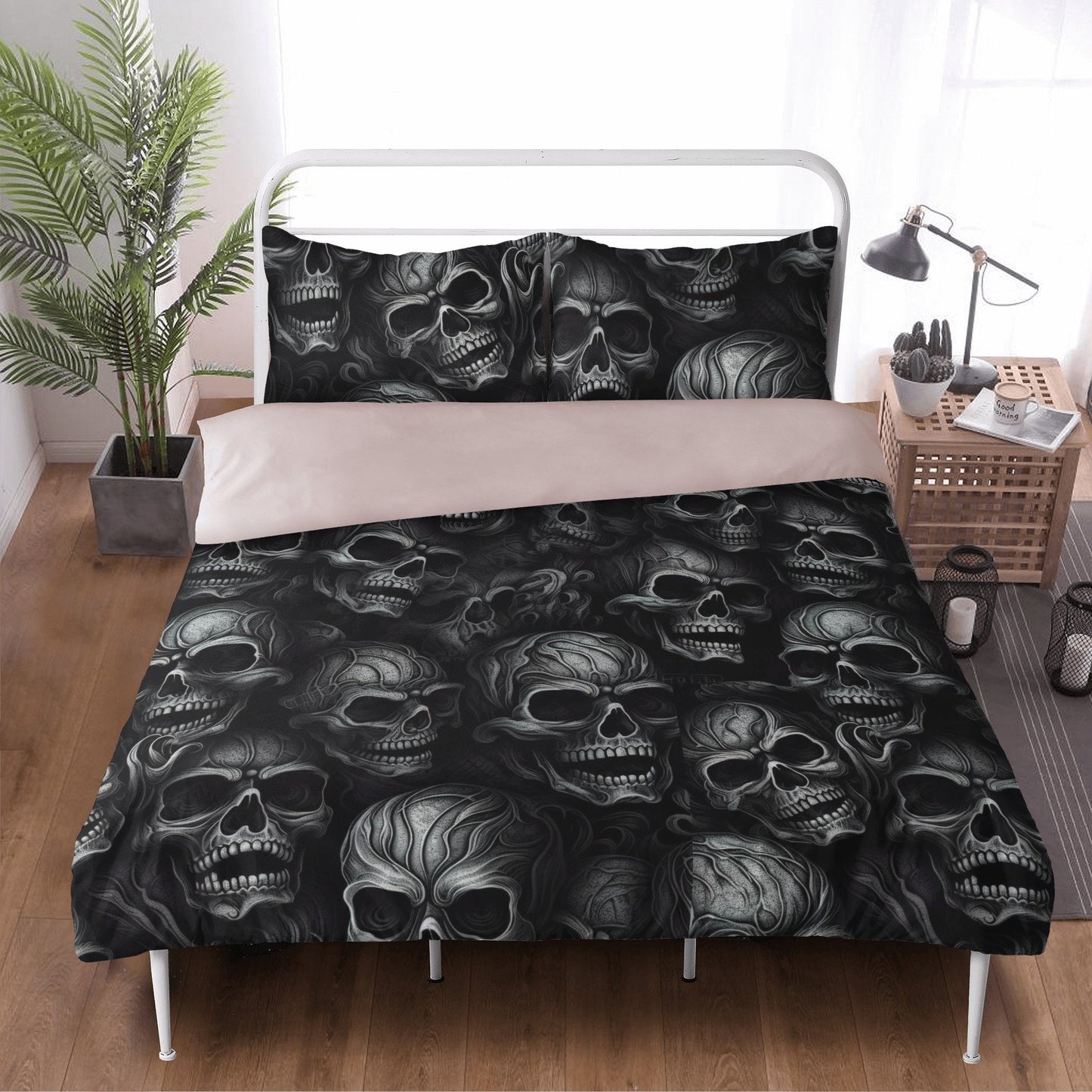 Evil face duvet cover queen king, biker skull duvet cover, horror bedding set, death with scythes pillowcase, goth bed cover, flame skull du