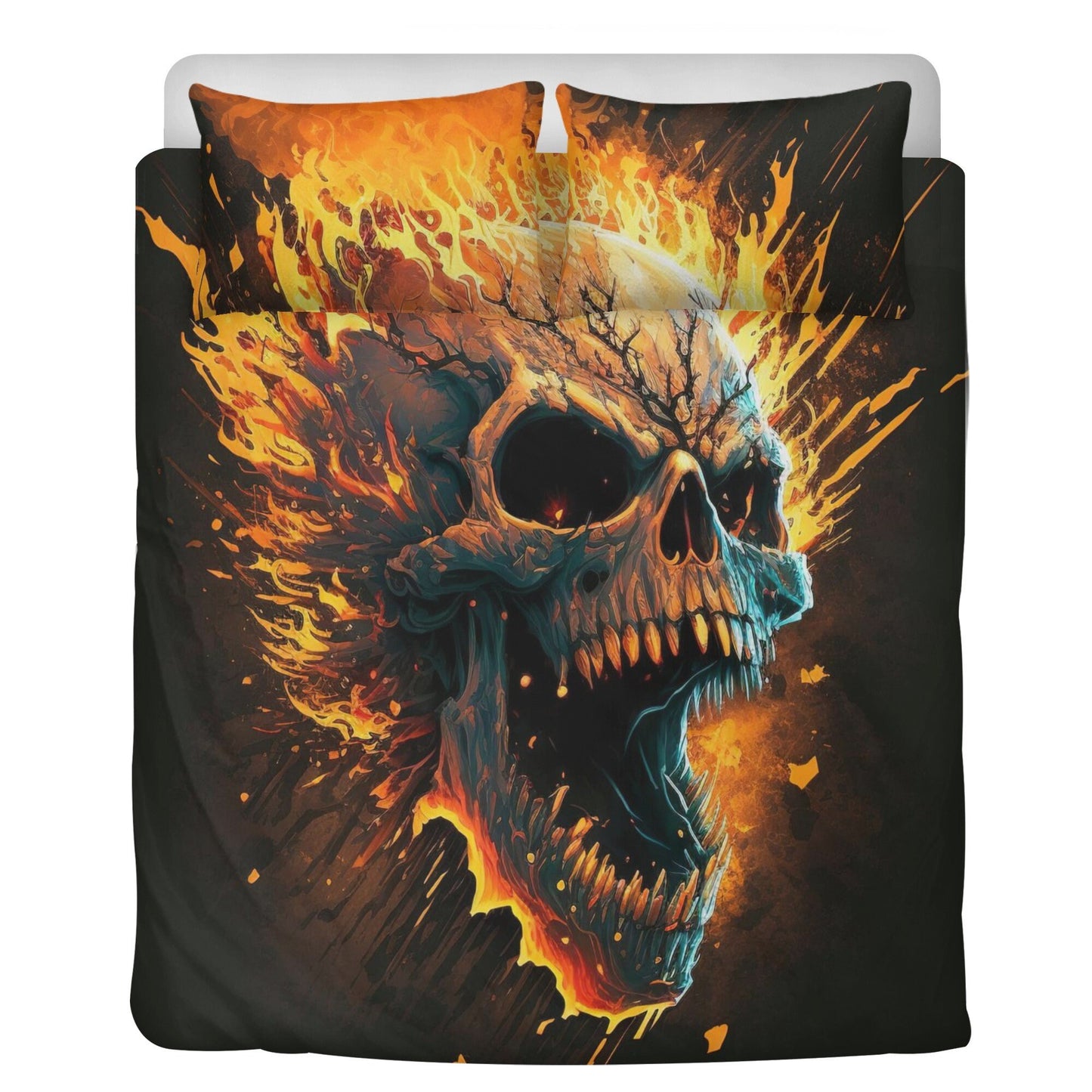 Flaming skull bedding set, devil ghost bedding set king queen, evil face bedding set king queen, spooky death bedding set, hooded skull comf