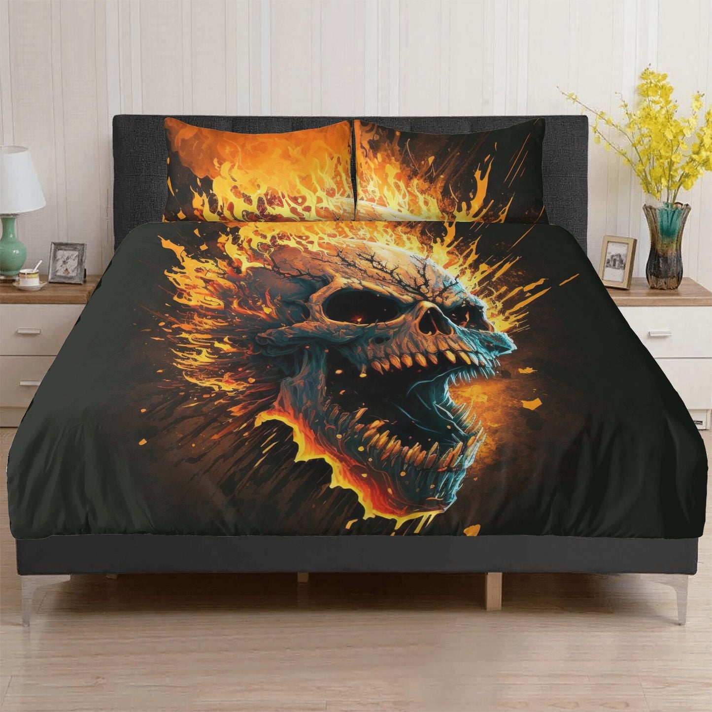 Flaming skull bedding set, devil ghost bedding set king queen, evil face bedding set king queen, spooky death bedding set, hooded skull comf