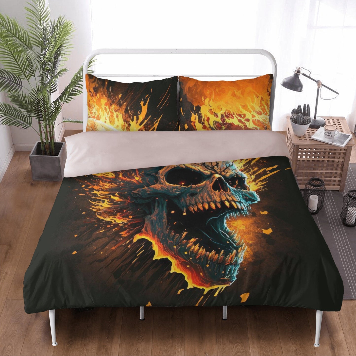 Flaming skull bedding set, devil ghost bedding set king queen, evil face bedding set king queen, spooky death bedding set, hooded skull comf