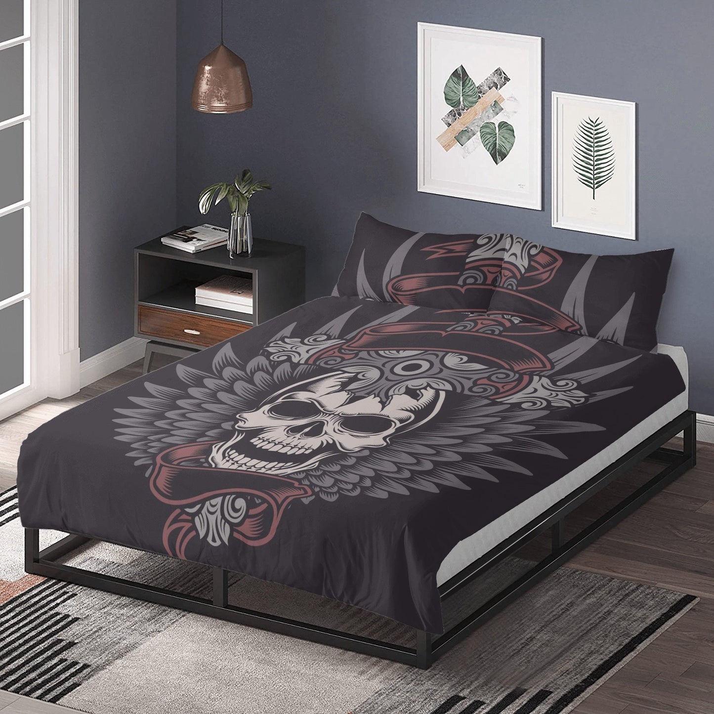 Skeleton duvet cover set, skull bedding set, floral skull comforter, floral skull comforter, christmas skull bedroom decor, hooded skull com