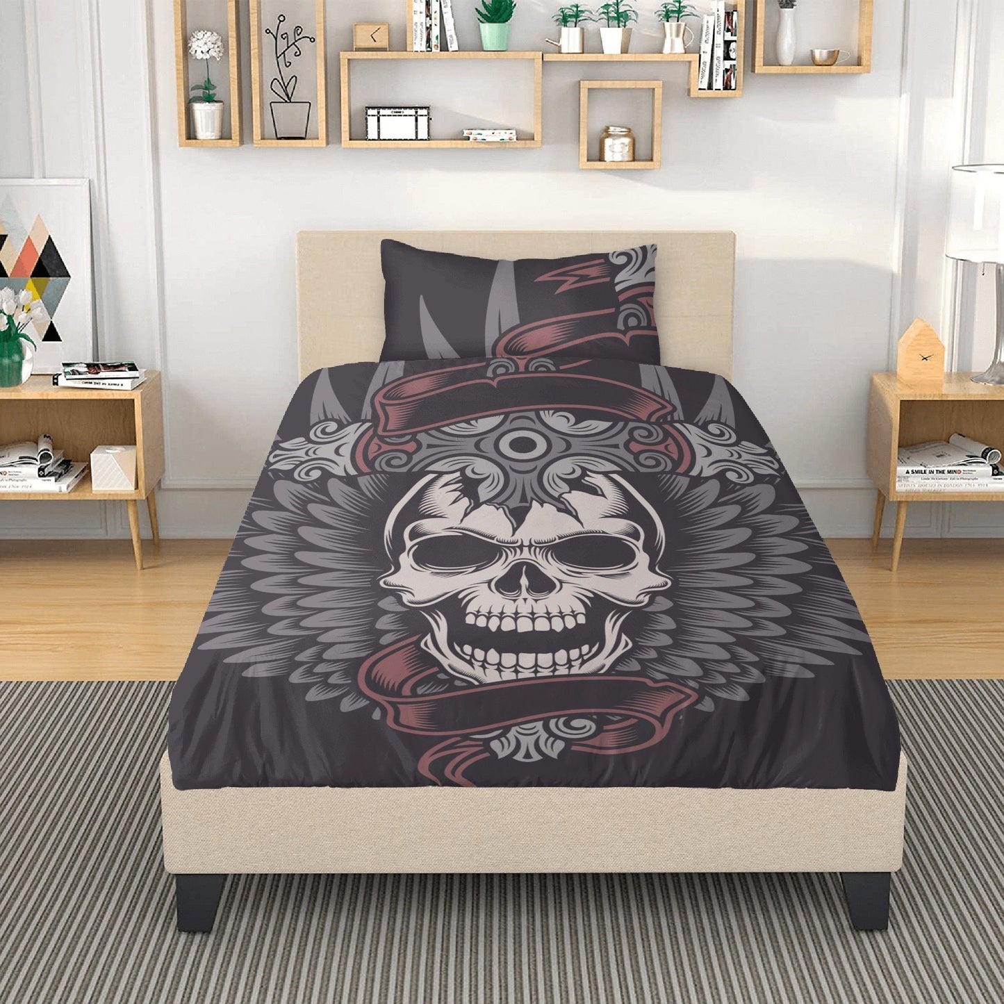 Skeleton duvet cover set, skull bedding set, floral skull comforter, floral skull comforter, christmas skull bedroom decor, hooded skull com